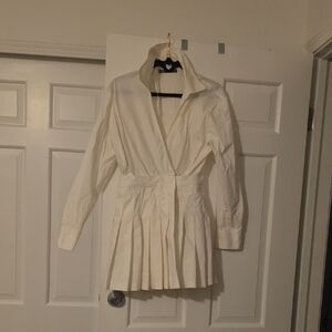 Zara White Button-Up Dress Pleated Bottom